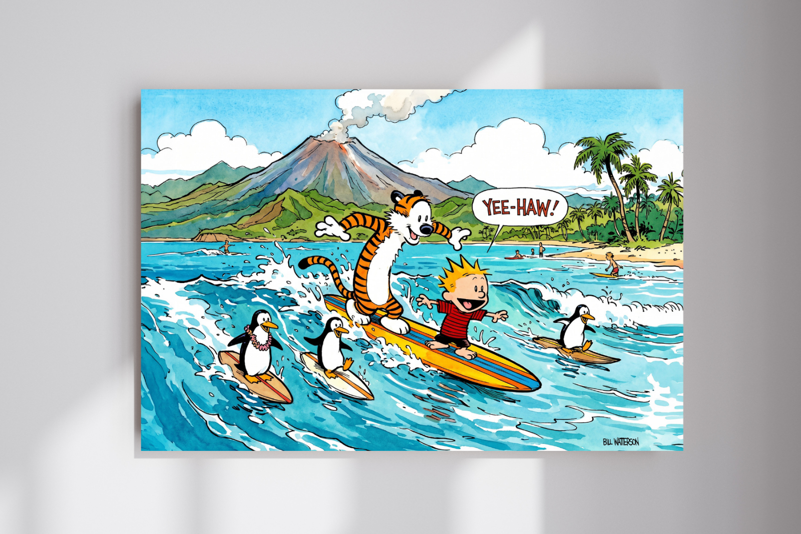 Calvin and Hobbes Surfing Big Kahuna Summer Hawaii Cartoon Wall Poster Print
