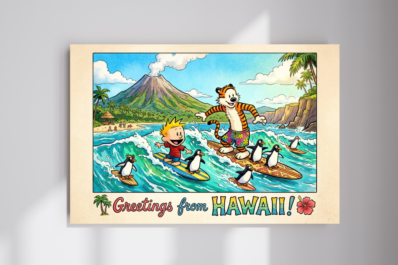 Calvin and Hobbes Surfing Big Kahuna Summer Hawaii Cartoon Wall Poster Print