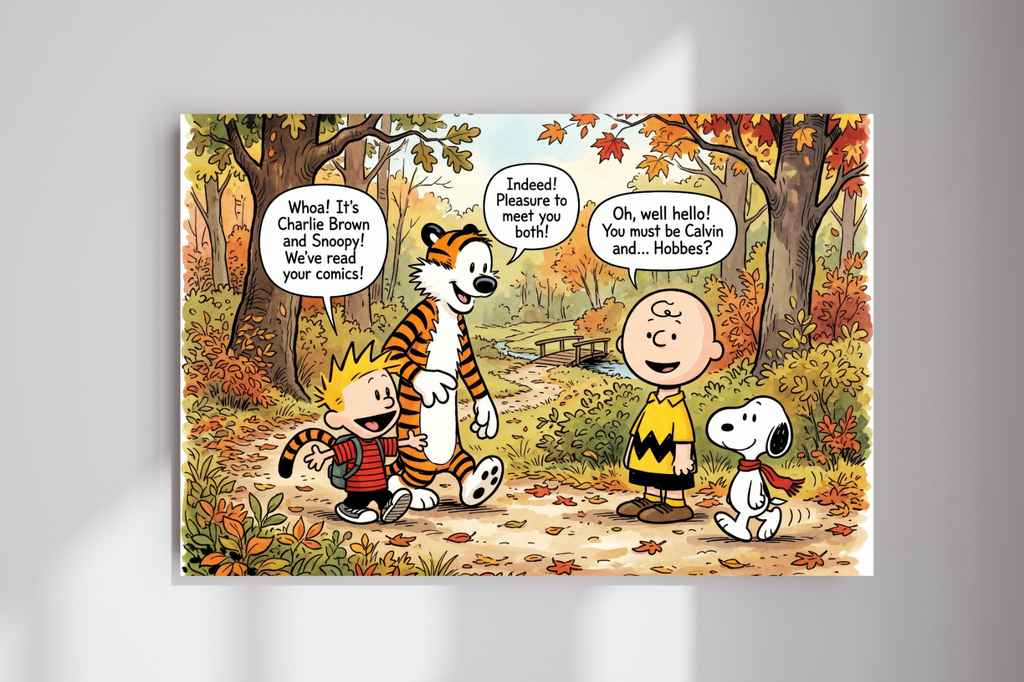 Calvin and Hobbes Meet Charlie Brown and Snoopy Cartoon Wall Poster Print