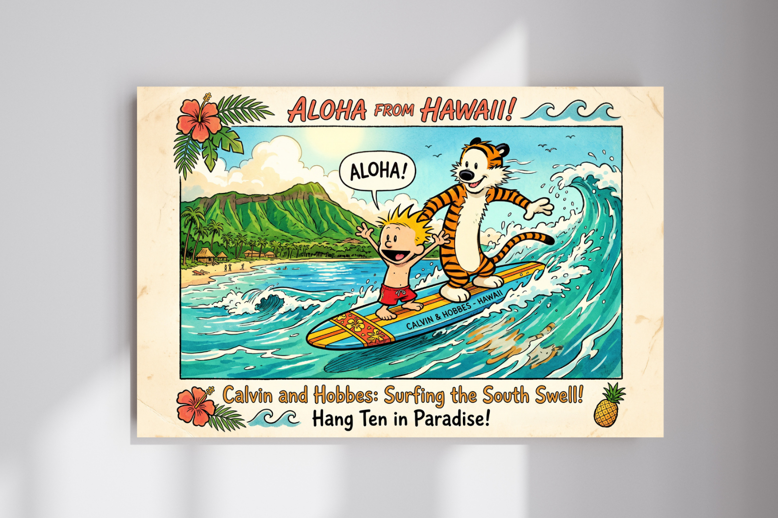 Calvin and Hobbes Surfing Big Kahuna Summer Hawaii Cartoon Wall Poster Print