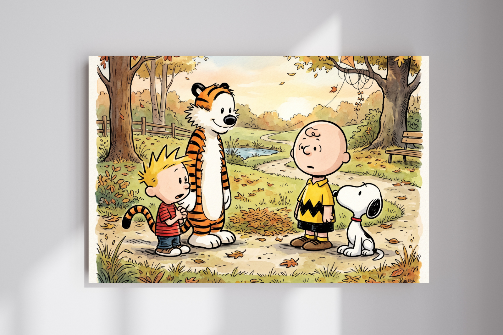 Calvin and Hobbes Meet Charlie Brown and Snoopy Cartoon Wall Poster Print