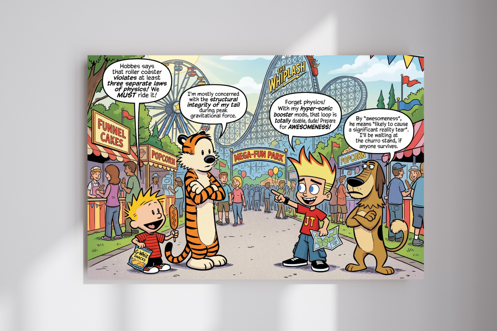 Calvin and Hobbes Meet Johnny Test and Dukey Cartoon Wall Poster Print