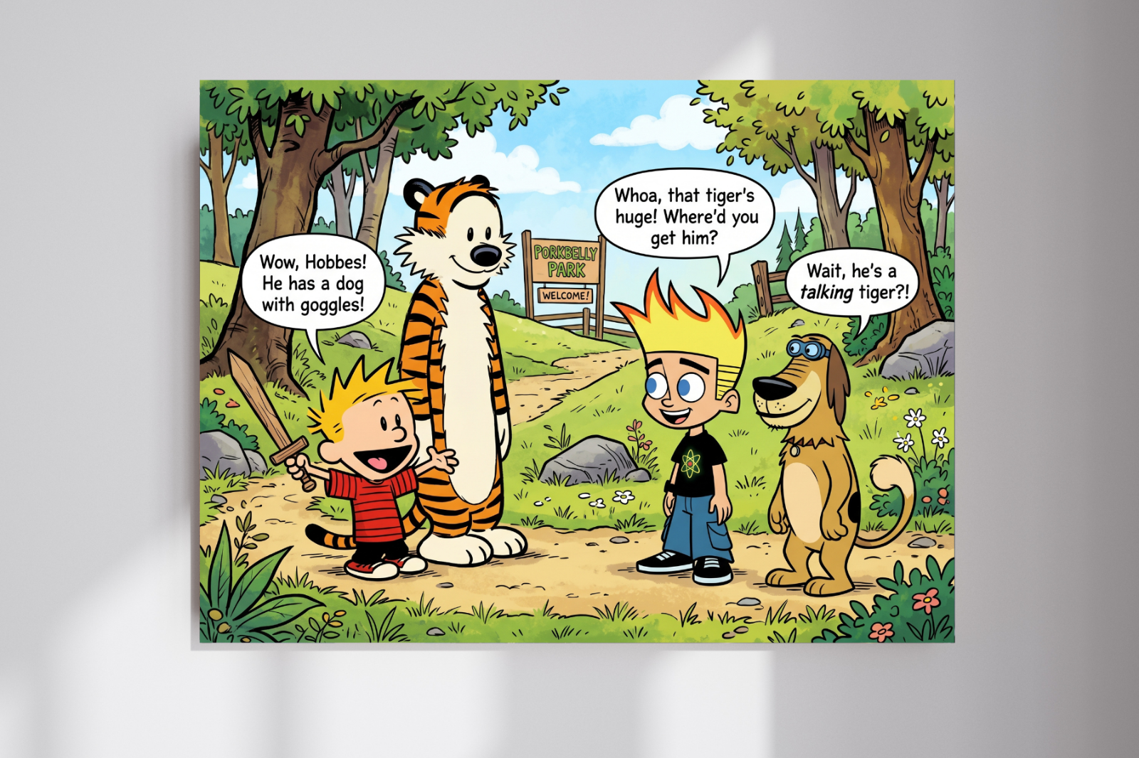 Calvin and Hobbes Meet Johnny Test and Dukey Cartoon Wall Poster Print