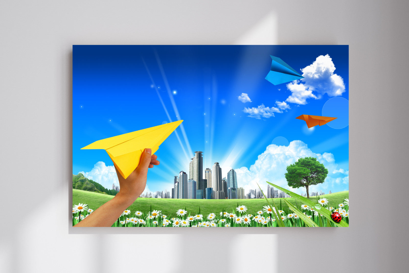Frutiger Aero Paper Planes City Skyline Calm Relaxing Poster Print