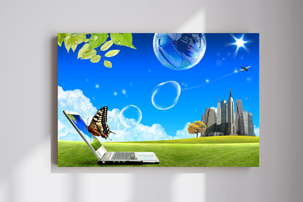 Frutiger Aero Butterfly Monarch City Skyline Calm Relaxing Poster Print