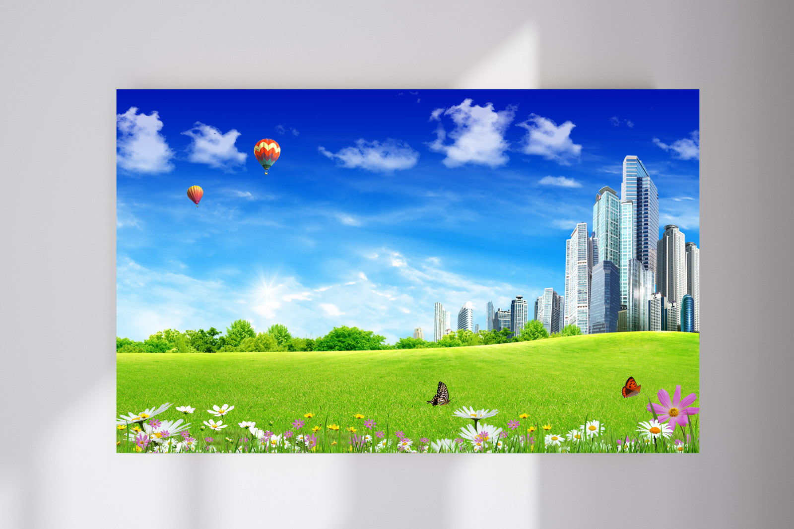 Frutiger Aero Sunny Sky Hot Air Balloons City Skyline Calm Relaxing Poster Print
