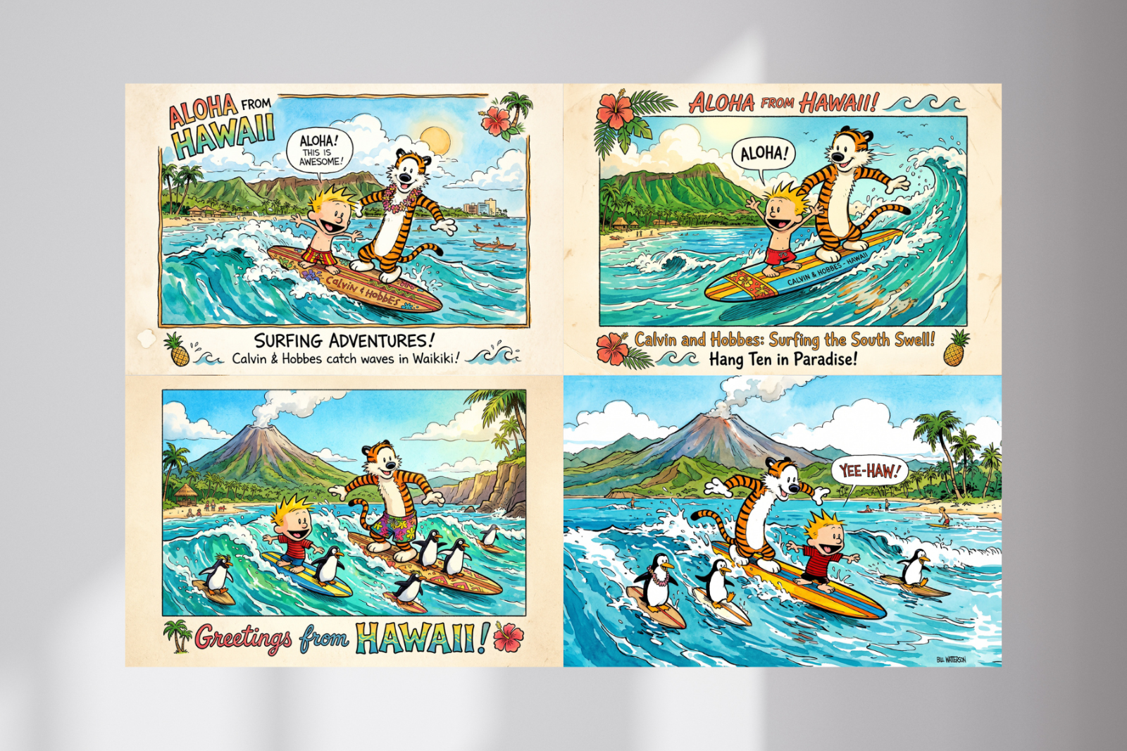 Calvin and Hobbes Surfing Big Kahuna Summer Hawaii Cartoon Wall Poster Print